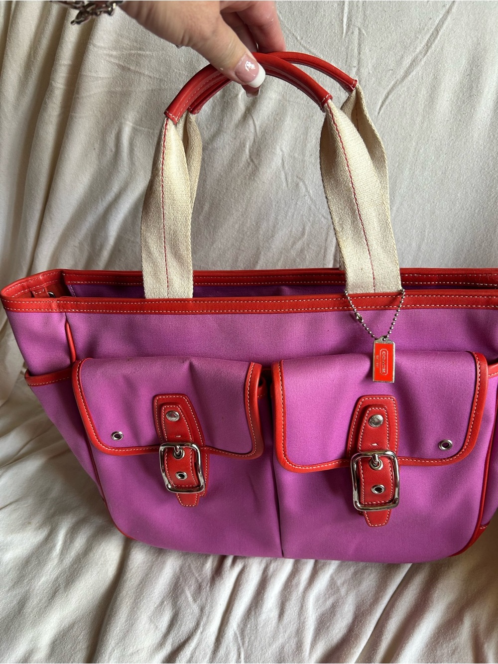 Coach Hamptons Twill Gardner tote B04Q-6734 in Fuscia with Orange Leather trim